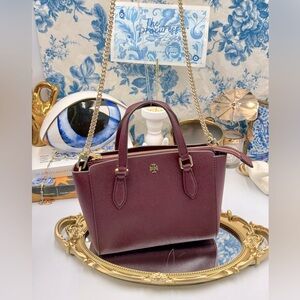 🆕 TORY BURCH 🧿NWOT Mini Emerson Top Zip Tote with Chain Strap, Imperial Garnet